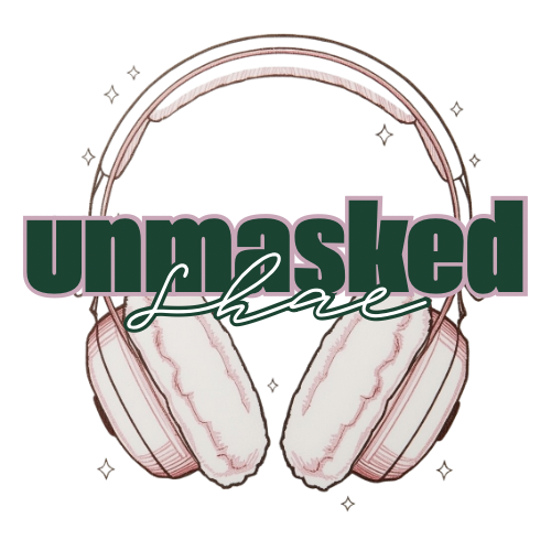 Lofi-style illustration of rose gold headphones with sparkles and the text “unmasked & free” overlaid in green and script font