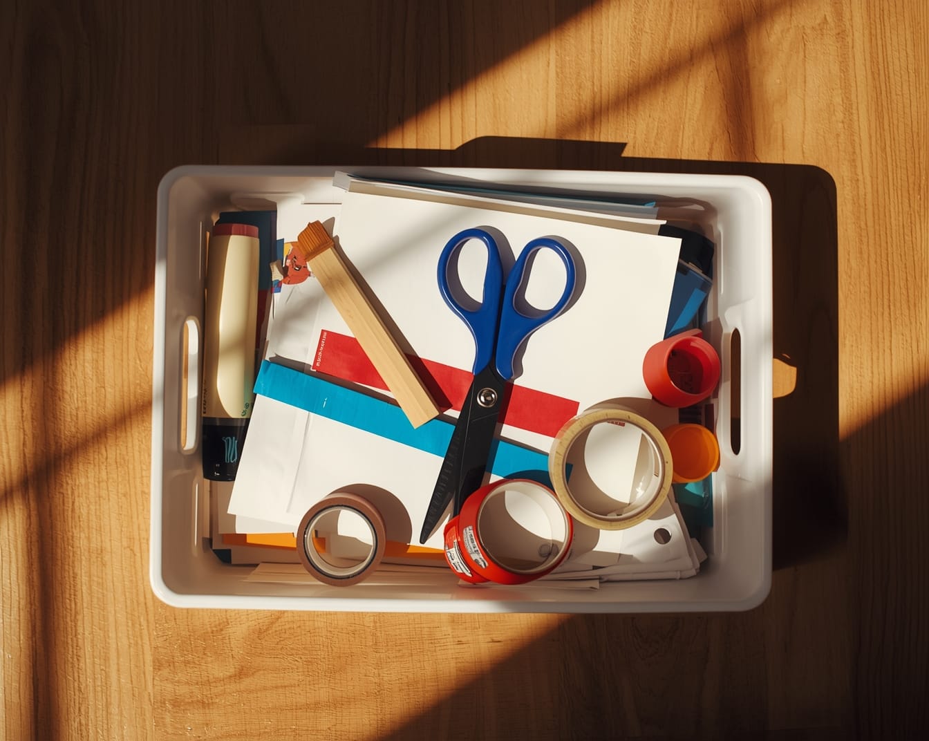 A white craft bin filled with scissors, tape, paper scraps, markers, and simple toddler craft supplies in warm sunlight. Minimal, functional setup for low-demand holiday crafts.