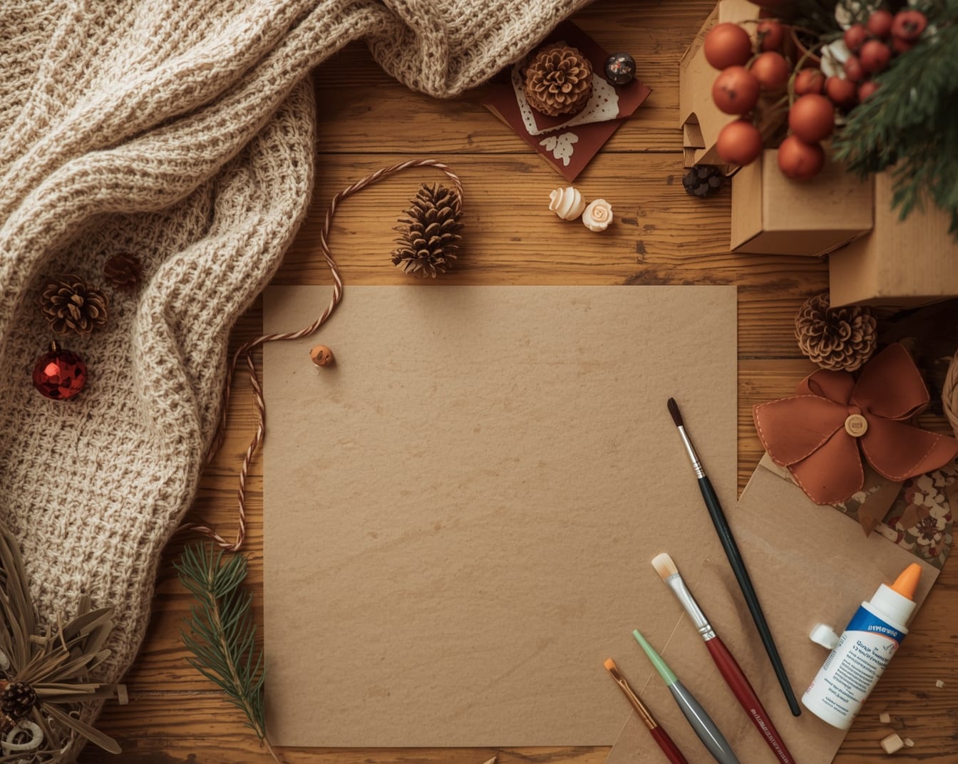 A cozy flatlay of holiday craft supplies on a wooden table: kraft paper, paintbrushes, glue, pine cones, ribbon, and a soft knitted blanket. Warm, natural, ND-mom-friendly aesthetic.