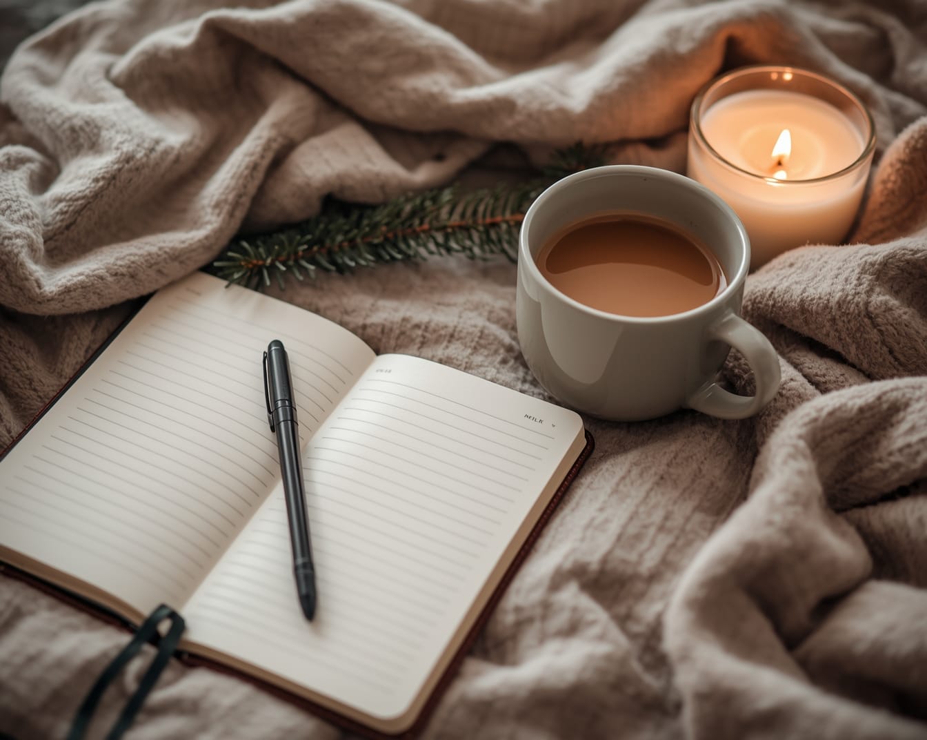 A soft, cozy scene with a blanket, lit candle, open notebook, black pen, and a mug of coffee. Warm, calming setup symbolizing rest and low-pressure decision-making.