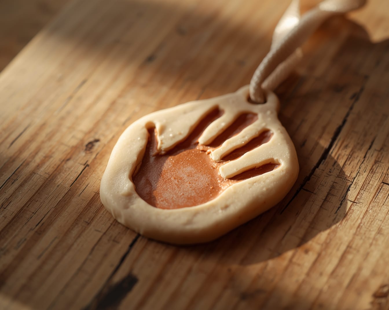 A close-up of a handmade salt dough ornament with a child’s handprint pressed into it, tied with a ribbon. Warm lighting and natural wood textures.