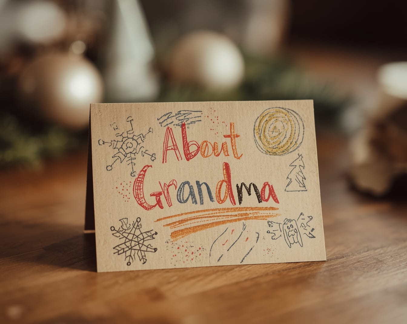 A handmade toddler-drawn card titled “About Grandma,” decorated with scribbly snowflakes and colorful crayon doodles. Warm, cozy holiday lighting.