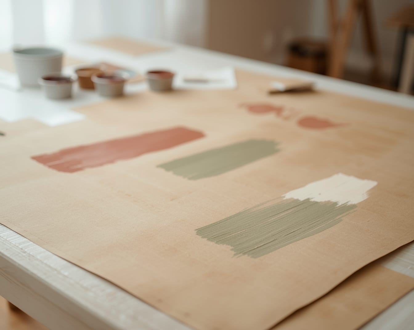 A sheet of kraft paper on a table with simple paint swatches in muted terracotta, sage, and cream tones, surrounded by small paint cups. Cozy, minimalist crafting setup for kid-made gifts.