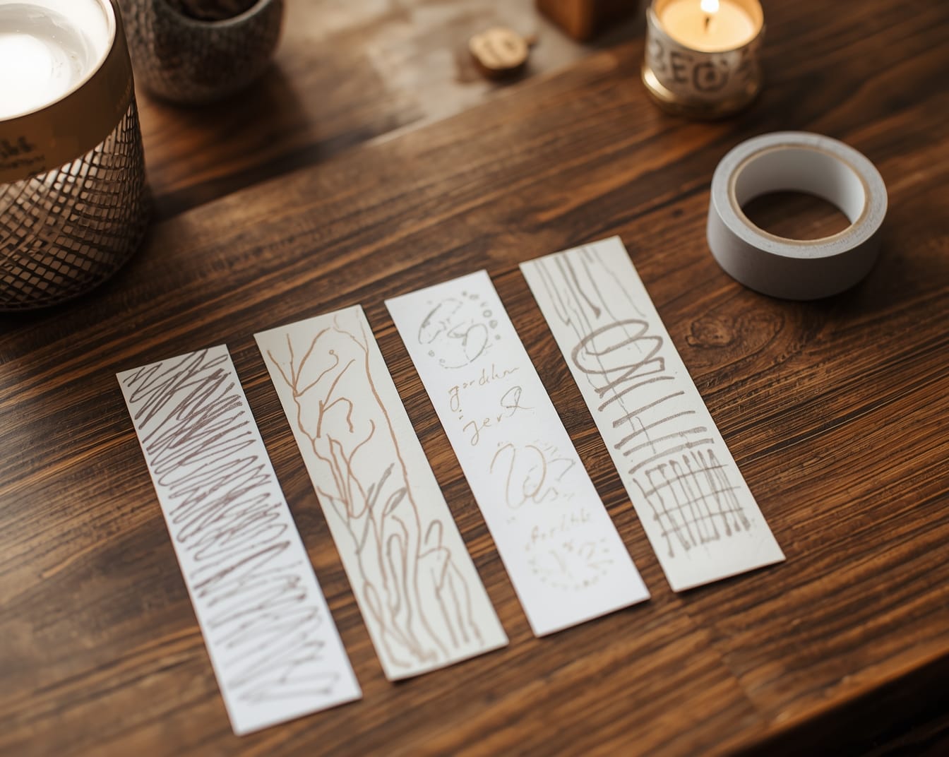 Set of handmade toddler scribble bookmarks laid out on a wooden table, surrounded by tape and soft candlelight. Minimal, abstract, kid-made gift idea.