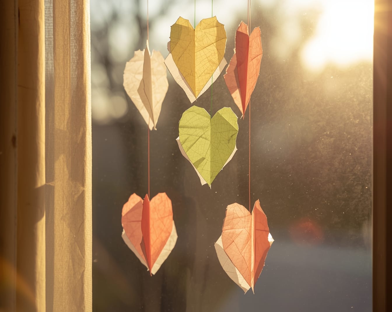 Colorful tissue paper heart suncatchers hanging in a sunny window, glowing in warm light. Simple and beautiful kid-made holiday craft.