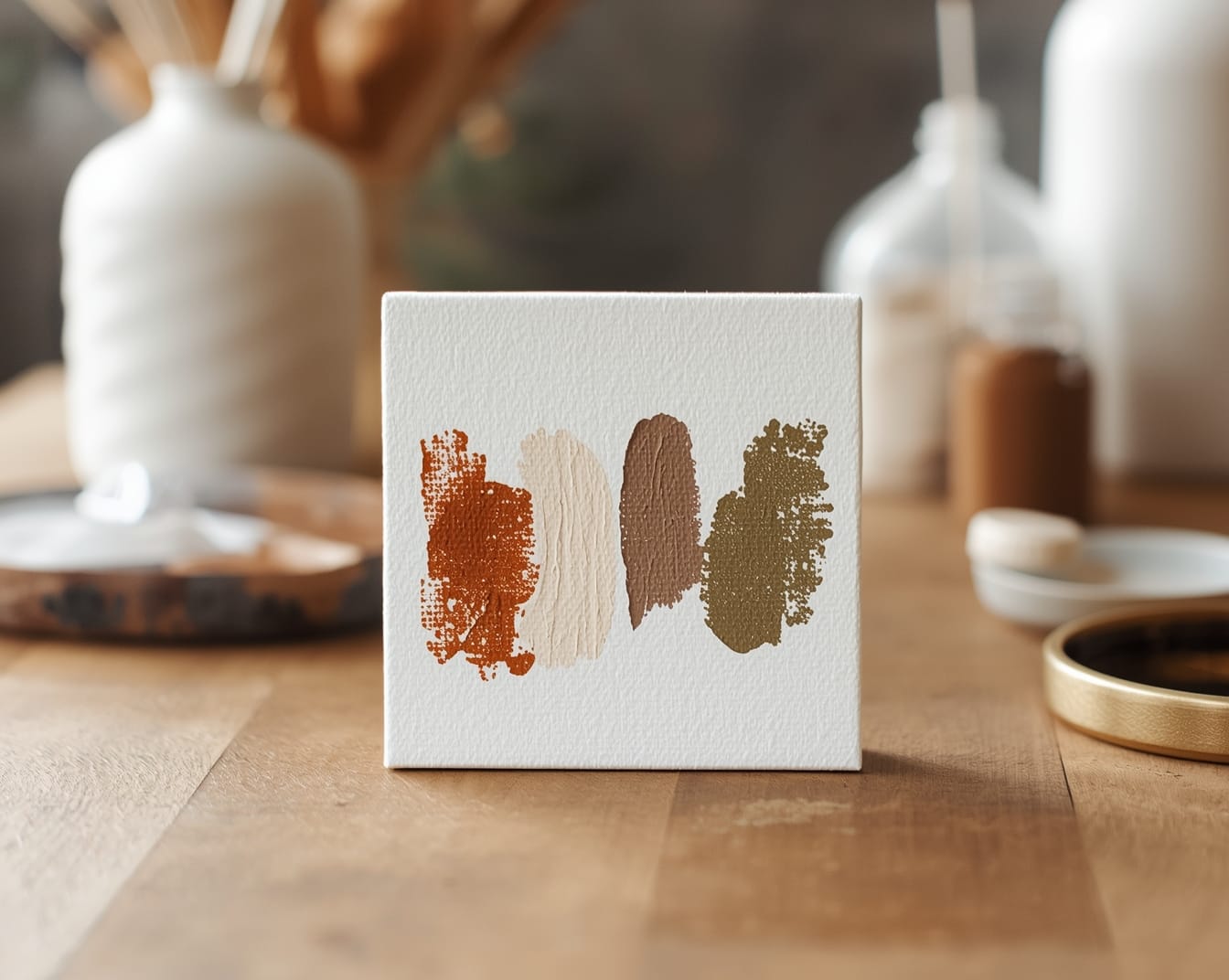 A small square canvas painted with four earthy, abstract paint swatches in warm neutral tones. Minimalist kid-made artwork styled in a cozy home setting.