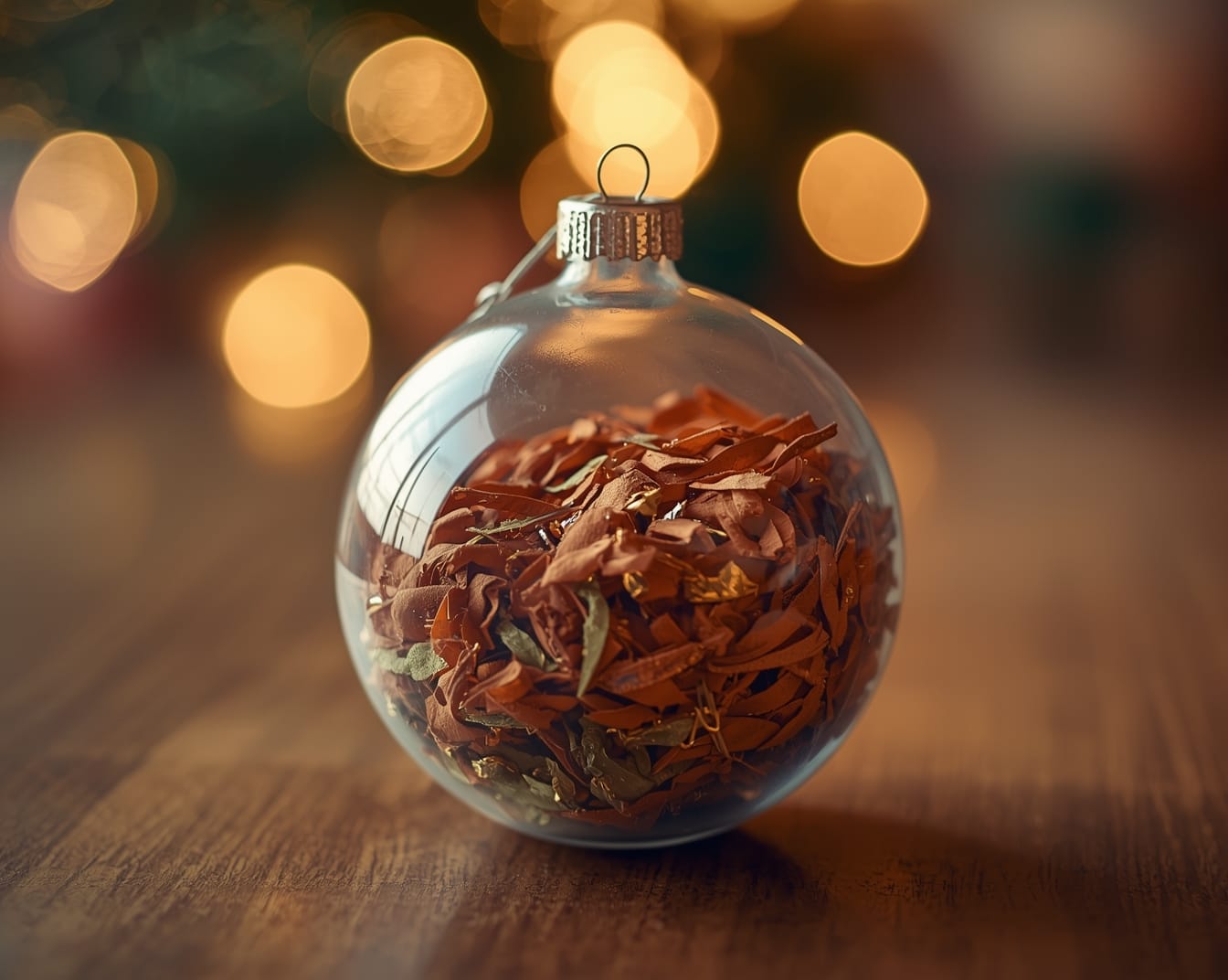 A clear plastic Christmas ornament filled with warm-toned shredded paper or crayon shavings, glowing softly against blurred holiday lights. Cozy handmade ornament idea.