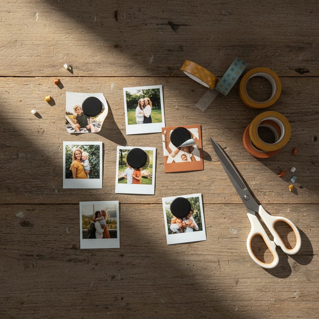 Flatlay of DIY photo magnets in warm sunlight: small printed photos with round black magnet backings, scissors, washi tape, and tiny paper scraps on a wooden table. Cozy handcrafted gift aesthetic.