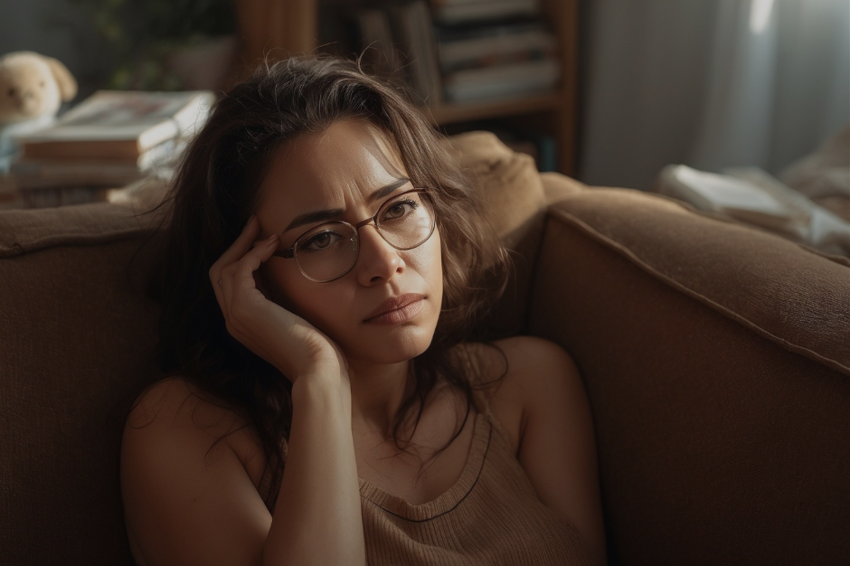 Woman with glasses resting head on hand, looking exhausted on couch in messy living room - representing mom burnout and invisible mental load